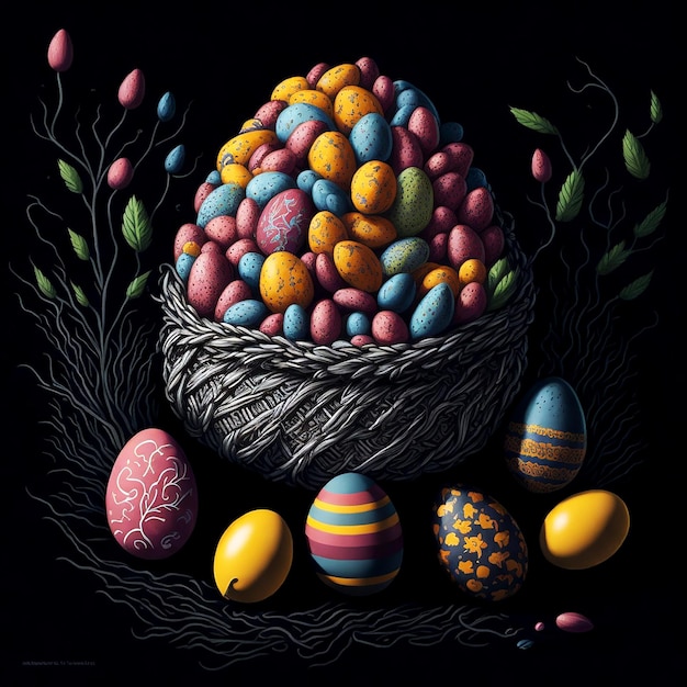 Buon giorno di Pasqua con uova colorate su uno sfondo nero
