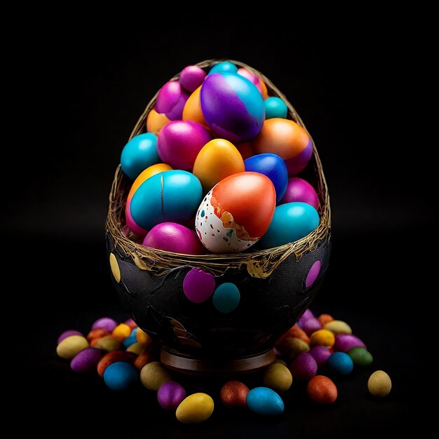 Buon giorno di Pasqua con uova colorate su uno sfondo nero