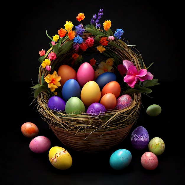 Buon giorno di Pasqua con uova colorate su uno sfondo nero