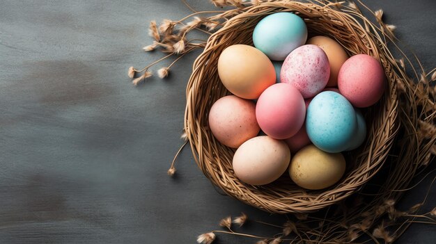 Buon giorno di Pasqua con uova dipinte colorate nel cesto o nido su sfondo di legno o spazio di copia