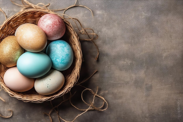 Buon giorno di Pasqua con uova dipinte colorate nel cesto o nido su sfondo di legno o spazio di copia