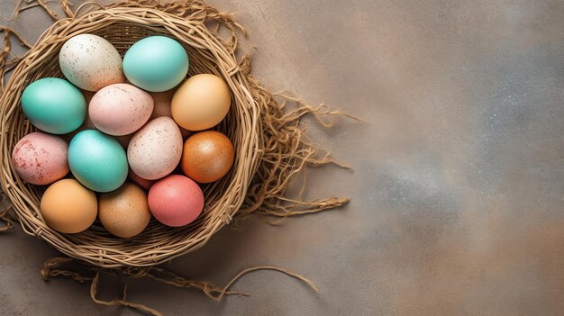 Buon giorno di Pasqua con uova dipinte colorate nel cesto o nido su sfondo di legno o spazio di copia