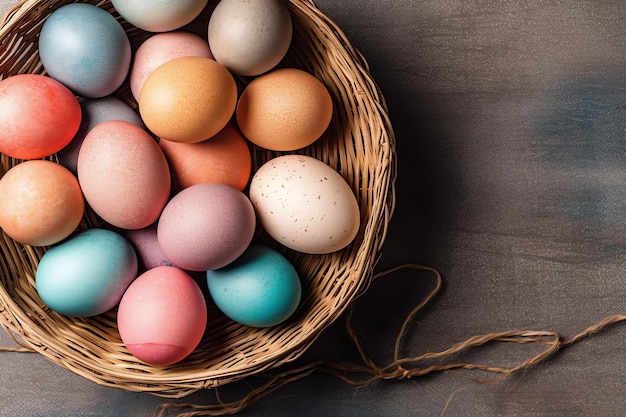 Buon giorno di Pasqua con uova dipinte colorate nel cesto o nido su sfondo di legno o spazio di copia