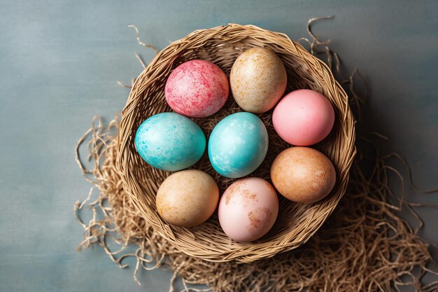 Buon giorno di Pasqua con uova dipinte colorate nel cesto o nido su sfondo di legno o spazio di copia