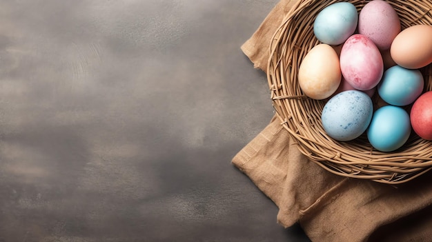 Buon giorno di Pasqua con uova dipinte colorate nel cesto o nido su sfondo di legno o spazio di copia