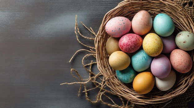 Buon giorno di Pasqua con uova dipinte colorate nel cesto o nido su sfondo di legno o spazio di copia