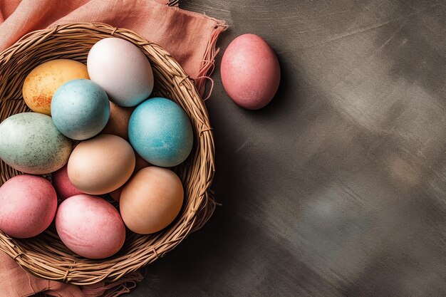 Buon giorno di Pasqua con uova dipinte colorate nel cesto o nido su sfondo di legno o spazio di copia