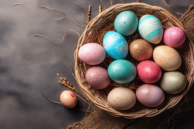 Buon giorno di Pasqua con uova dipinte colorate nel cesto o nido su sfondo di legno o spazio di copia