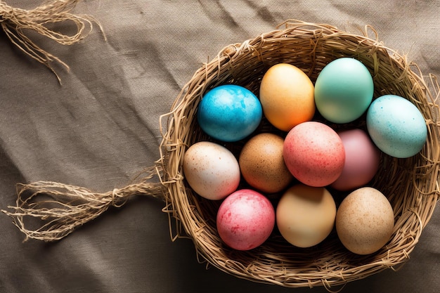 Buon giorno di Pasqua con uova dipinte colorate nel cesto o nido su sfondo di legno o spazio di copia