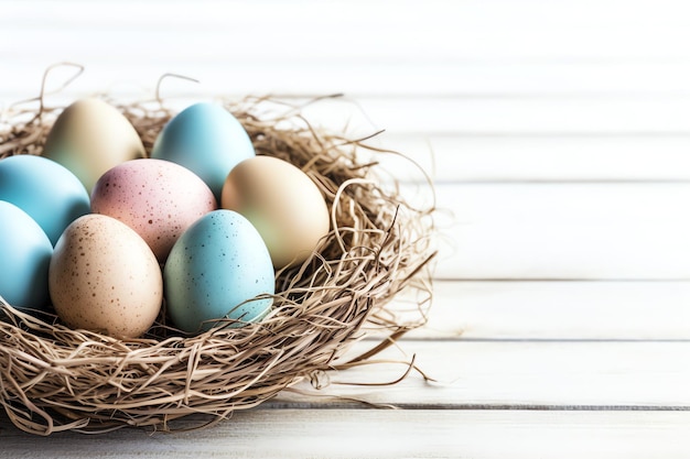 Buon giorno di Pasqua con uova dipinte colorate nel cesto o nido su sfondo di legno o spazio di copia