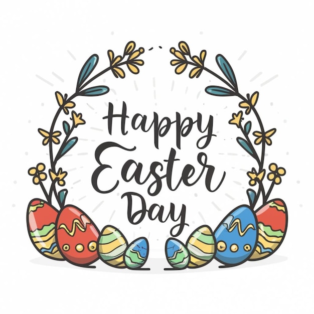 Buon giorno di Pasqua testo uova bianche gialle blu e pulcini gialli coniglio su uno sfondo di legno blu
