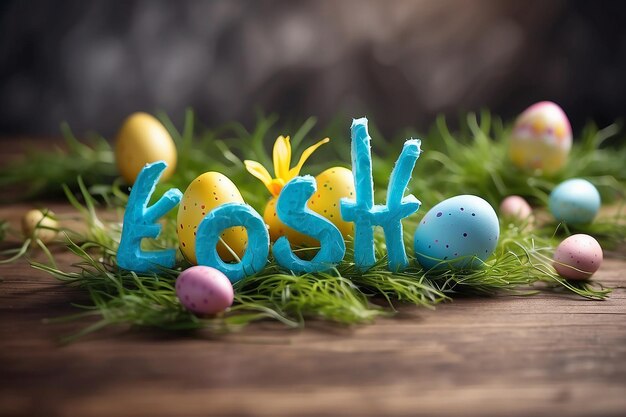 Buon giorno di Pasqua testo uova bianche gialle blu e pulcini gialli coniglio su uno sfondo di legno blu