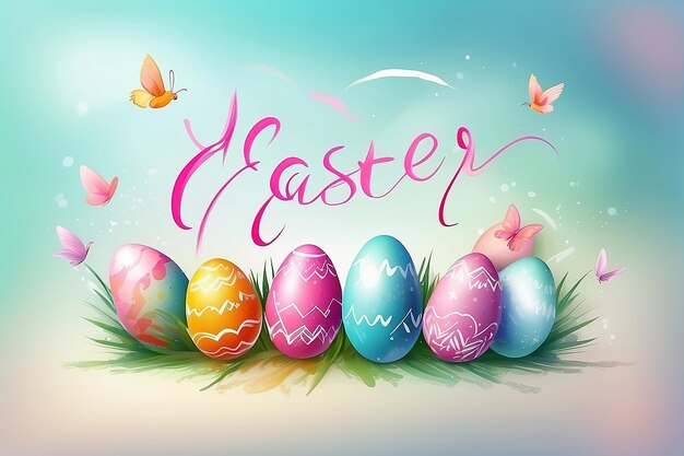 Buon giorno di Pasqua testo uova bianche gialle blu e pulcini gialli coniglio su uno sfondo di legno blu