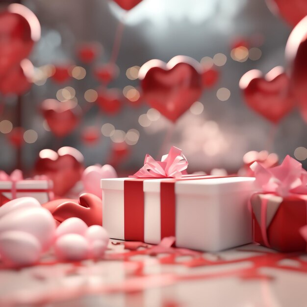 Buon giorno di San Valentino concetto con scatola regalo rossa e palloncini a forma di cuore romantic banner amore