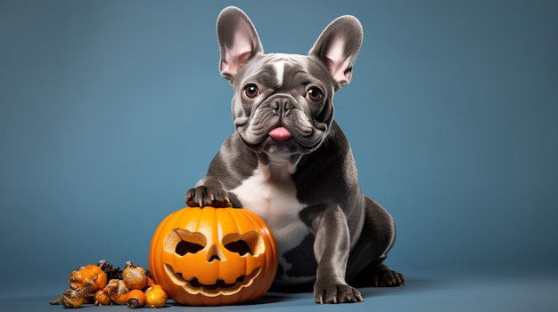 Buon Halloween, adorabile bulldog francese con una zampa sopra una zucca intagliata.