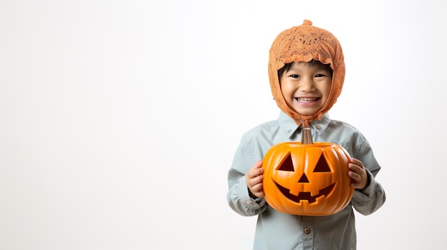 Buon Halloween, bambina carina con una zucca di Halloween.