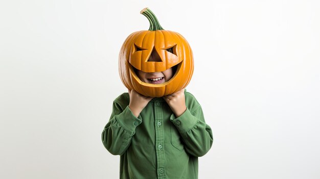 Buon Halloween bambino carino con una zucca di Halloween