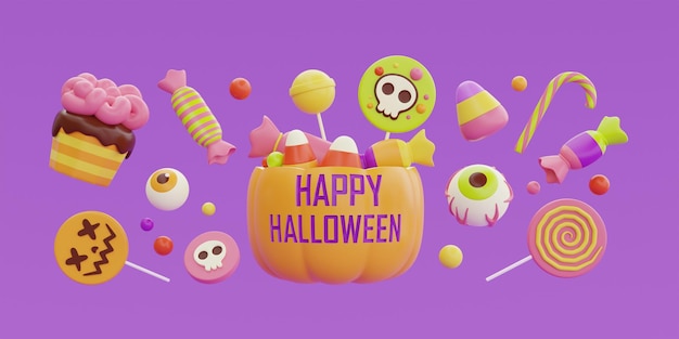 Buon Halloween con cesto di zucche JackoLantern pieno di caramelle colorate e dolci galleggianti su sfondo viola rendering 3d