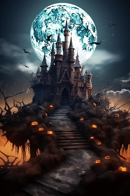 Buon Halloween con la notte e il castello spaventoso