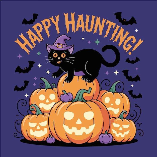 Buon Halloween, gatto e zucche.