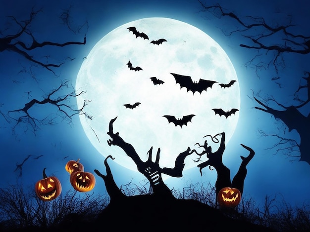 Buon Halloween, mani di zombie e sfondo di luna piena.