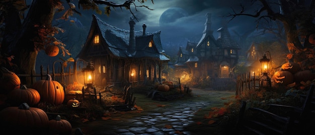 Buon Halloween sfondo spaventoso zucche spaventose nel giardino della vecchia casa inquietante