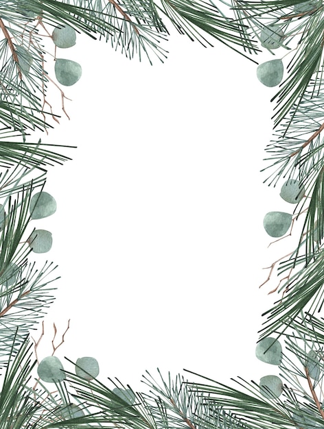 Buon Natale banner e foglie verdi invernali eucalipto e foglie di conifere illustrazione sfondo