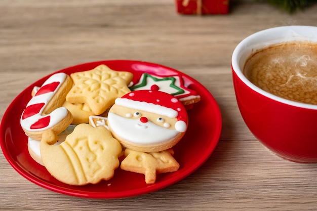 Buon Natale con biscotti fatti in casa e tazza di caffè su sfondo tavolo in legno Festa della vigilia di Natale e concetto di felice anno nuovo