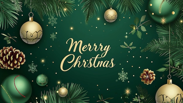 Buon Natale con le palle e le foglie sul verde