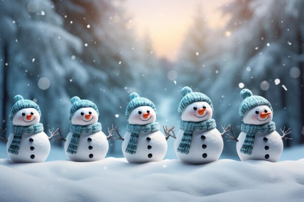 Buon Natale e buon anno nuovo con una fila di pupazzi di neve