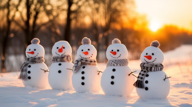 Buon Natale e buon anno nuovo con una fila di pupazzi di neve