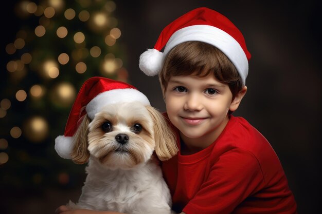 Buon Natale e Buon Anno Nuovo Ragazzino affascinante e cane con cappello di Babbo Natale