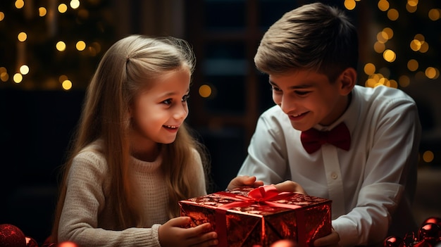 Buon Natale e Buone Feste Allegri bambini carini che aprono regali