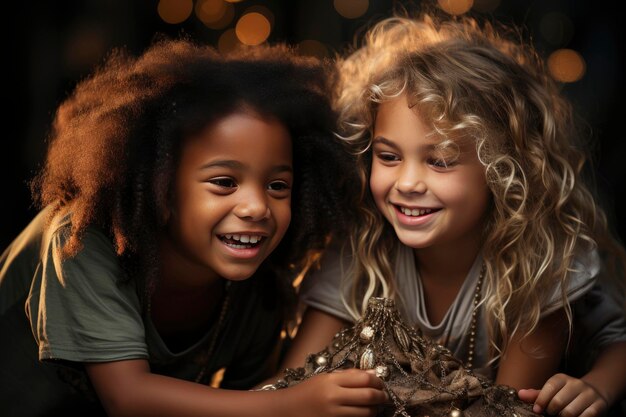 Buon Natale e Buone Feste Bambini carini Ragazze con scatole regalo vicino all'albero a casa