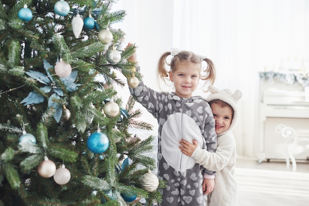 Buon Natale e Buone Feste! Ragazze che aiutano a decorare l'albero di Natale, con alcune palline di Natale in mano