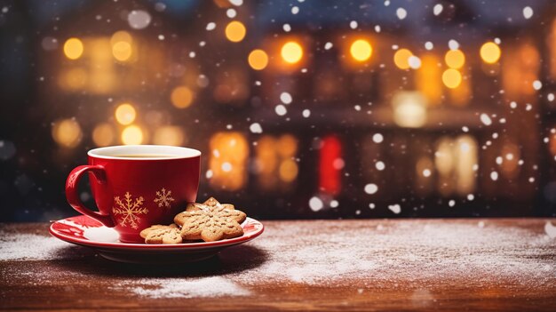 Buon Natale e buone feste una tazza di bevanda calda e biscotti sullo sfondo delle luci del mercatino di Natale Design AI