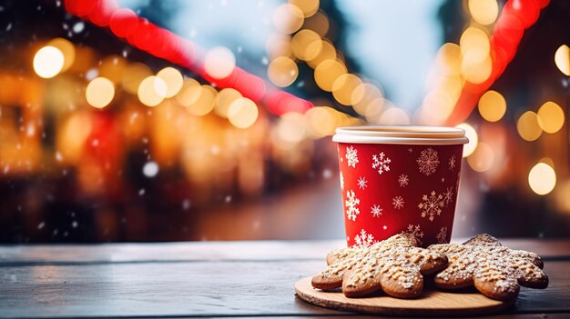 Buon Natale e buone feste una tazza di bevanda calda e biscotti sullo sfondo delle luci del mercatino di Natale Design AI