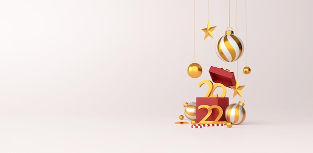 Buon natale e capodanno 2022 presenta il concetto. palla d'oro, stella d'oro, testo 3d 2022 e decorazioni natalizie su sfondo bianco. illustrazione 3D