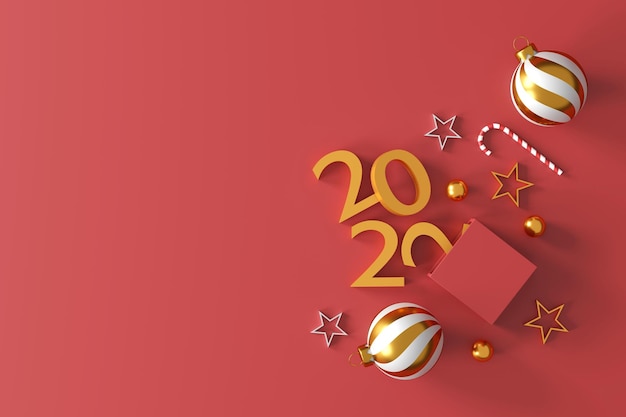 Buon natale e capodanno 2022 presenta il concetto. scatole regalo rosse, palla d'oro, stella d'oro, testo 3d 2022 e decorazioni natalizie su sfondo rosso. vista dall'alto. posa piatta. illustrazione 3D