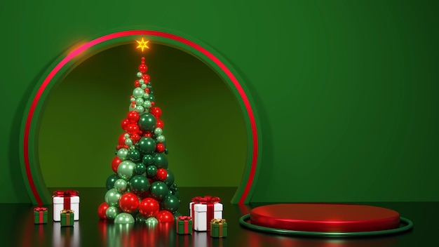 Buon Natale e felice anno nuovo. Design minimale astratto, alberi di Natale geometrici, confezione regalo, palcoscenico realistico rotondo vuoto, podio. rendering 3D.