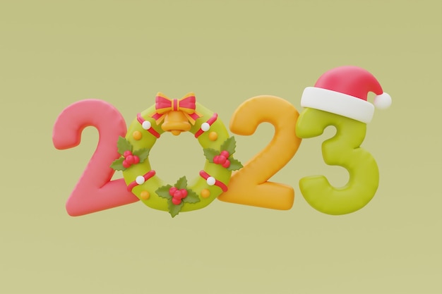 Buon Natale e felice anno nuovo numero colorato 2023 con cappuccio di Babbo Natale e ghirlanda di Natale rendering 3d