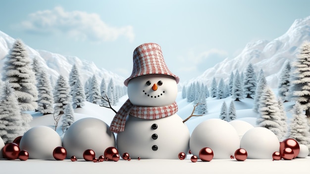 Buon Natale e felice anno nuovo Pupazzo di neve in piedi nel paesaggio invernale di Natale con copyspace Creato con la tecnologia Ai generativa