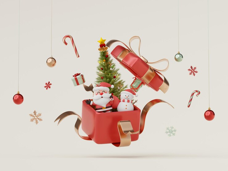 Buon Natale e felice anno nuovo Scena di festa di Natale con Babbo Natale e pupazzo di neve