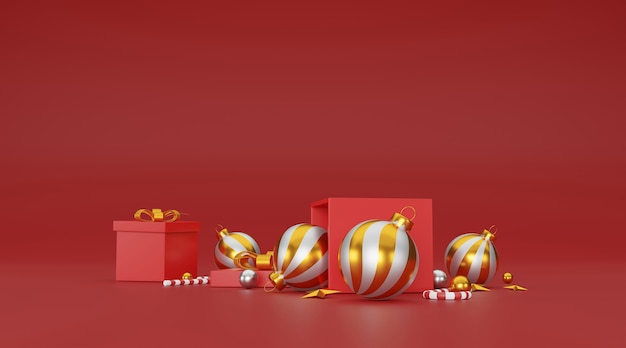 Buon Natale e felice anno nuovo sfondo con decorazioni festive e copia spazio. Illustrazione 3D