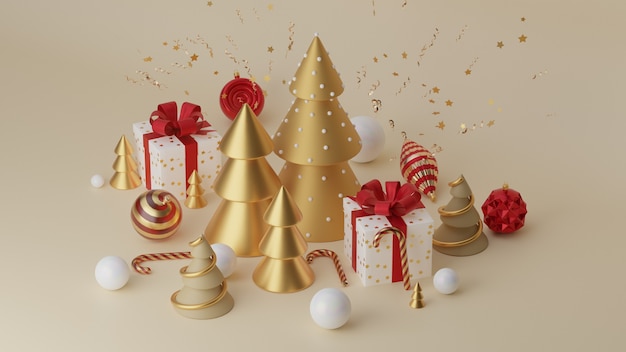 Buon Natale e Felice Anno nuovo. Sfondo festivo di Natale con oggetti realistici. Composizione forma albero di Natale. Elementi di vacanza, rendering 3d e realismo. Biglietto di auguri, banner, poster web.