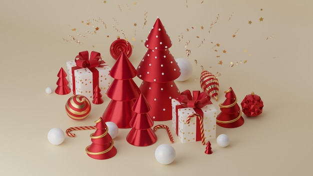 Buon Natale e Felice Anno nuovo. Sfondo festivo di Natale con oggetti realistici. Composizione forma albero di Natale. Elementi di vacanza, rendering 3d e realismo. Biglietto di auguri, banner, poster web.