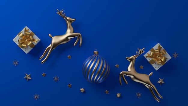 Buon Natale e Felice Anno nuovo. Sfondo festivo di Natale con oggetti realistici. Elementi di vacanza, rendering 3d e realismo. Biglietto di auguri, banner, poster web.