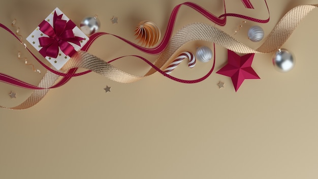 Buon Natale e Felice Anno nuovo. Sfondo festivo di Natale con oggetti realistici. Elementi di vacanza, rendering 3d e realismo. Biglietto di auguri, banner, poster web.