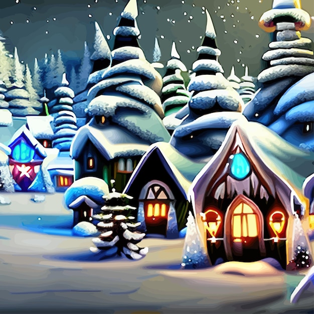 Buon Natale e felice anno nuovo Strada della città forestale invernale con case nella cornice di neve