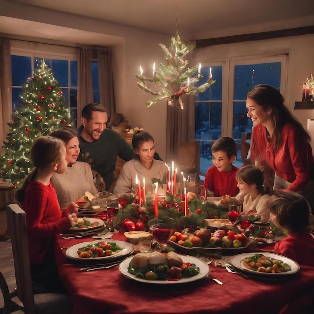Buon Natale felice famiglia stanno cenando a casa celebrazione vacanza e solidarietà vicino a tre